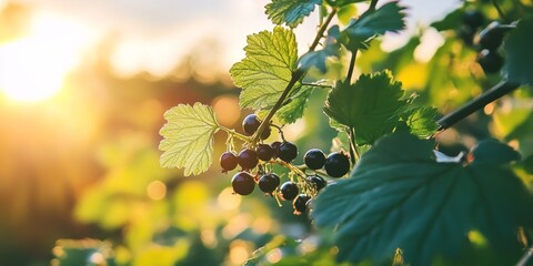 Fototapete - Close up of a thriving tree top, featuring gooseberry or currant bush with lush dark green leaves illuminated by bright sunlight against a softly blurred sky at sunset.