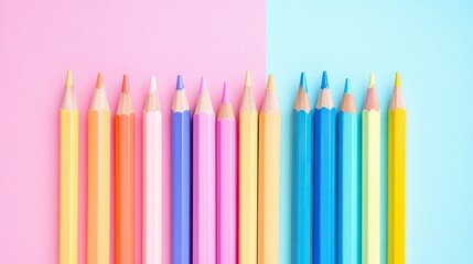 Wall Mural - Bright flat lay of colorful pencils and notebooks arranged on a pastel pink and blue background with copy space. Perfect for school or creative projects.