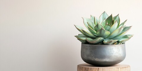 Poster - Metal vase featuring a succulent plant, set against a white wall and complemented by a wooden base, creates a harmonious and stylish decor element with the metal vase showcasing vibrant greenery.