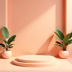 Wall Mural - A tranquil and inviting 3D studio environment with a peach colored background an empty floor and a simple wall featuring a product podium new image