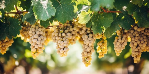 Fototapete - Clusters of white grapes dangle from the vines, displaying ripe grapes surrounded by vibrant green leaves, showcasing the beauty of nature and fruitful abundance in the vineyard.