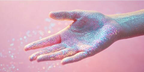 Leinwandbilder - Glittery hand against a soft pink pastel background, showcasing the beauty of shimmering textures and colors. This image highlights the artistic appeal of a hand in glitter on a pastel surface.