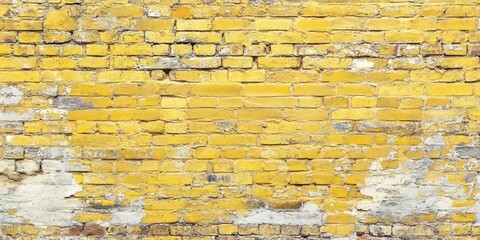 Poster - Worn, weathered, and dirty yellow brick wall background creates a textured and rustic appearance, perfect for adding character and charm to various creative projects featuring a yellow brick wall.