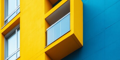 Aufkleber - Fragment of vibrant yellow and blue walls showcasing an interesting architectural detail, emphasizing the unique interplay of colors in the building s design. Yellow and blue walls bring character.