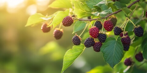 Fototapete - Mulberry fruit and leaves on a tree, showcasing the beauty of mulberry in nature. This image highlights the vibrant mulberry leaves alongside the ripe mulberry fruit.