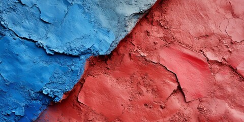 Leinwandbilder - Vibrant red and blue colored clay soil creates a striking contrast, showcasing the unique characteristics of colored clay soil in various artistic and natural applications.