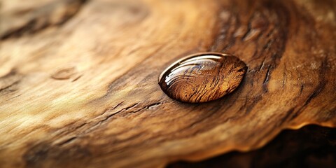 Poster - Water drop resting on brown wood showcases the beauty of nature s elements. The water drop highlights the contrast and texture of the brown wood, creating a striking visual effect with every detail.