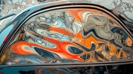 Fototapete - Abstract composition featuring reflections captured in the windows of a car, highlighting intricate patterns and colors created by the car windows and surrounding environment.
