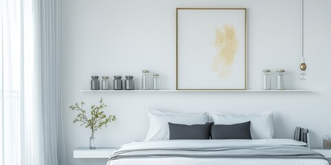 Fototapete - Glass jars are displayed on shelves against a white wall, creating a serene atmosphere in a simple bedroom, complemented by a gold painting positioned above the bed, offering a stylish touch.