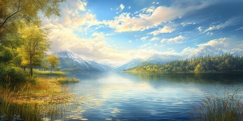 Poster - Serene dream view of a tranquil lake, capturing the essence of a breathtaking landscape. The dream view showcases the peacefulness and beauty of this stunning lake setting.