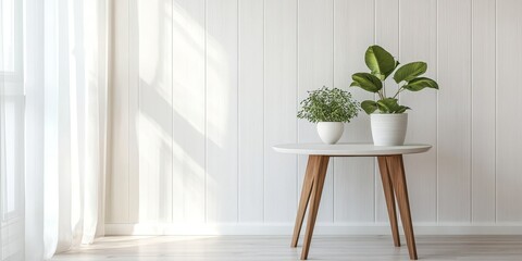 Leinwandbilder - White wallpaper featuring a wood texture complements a light board table in pastel colors, creating a harmonious and stylish interior design. The white wallpaper enhances the overall aesthetic.