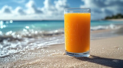 Wall Mural - Refreshing orange juice on a sunny beach.