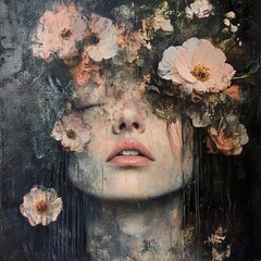 Wall Mural - Serene Woman with Flowers: A Dreamy Portrait