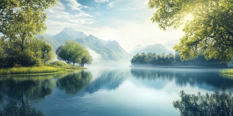 Poster - Serene dream view of a tranquil lake, capturing the essence of a breathtaking landscape. The dream view showcases the peacefulness and beauty of this stunning lake setting.