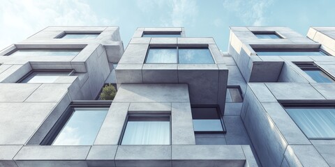 Fototapete - Sculptural facade showcasing a residential building adorned with projecting bay windows. This modern architecture exemplifies unique elements of architecture that enhance its aesthetic appeal.