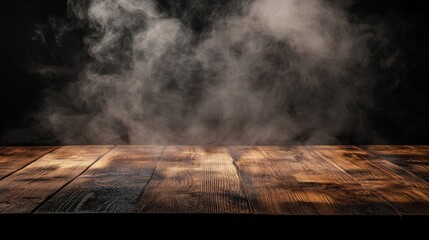 Fototapete - Empty wooden table with smoke rising in a dark background, creating the perfect empty space for showcasing your products and emphasizing their unique features in a striking setting.