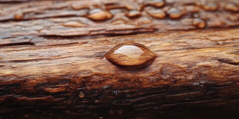 Poster - Water drop resting on brown wood showcases the beauty of nature s elements. The water drop highlights the contrast and texture of the brown wood, creating a striking visual effect with every detail.