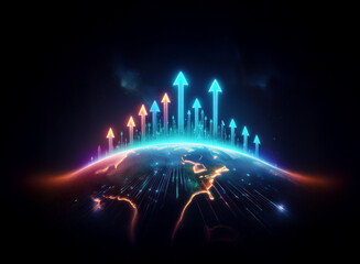 Wall Mural - Glowing arrows ascend from a vibrant, digital Earth, symbolizing global growth and technological advancement.  A futuristic vision of progress and interconnectedness.