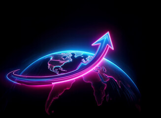 glowing neon arrow ascends around a digital globe, symbolizing global growth and upward trend in a d