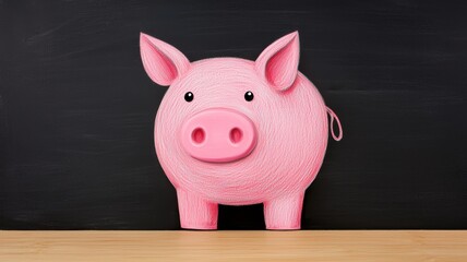 Wall Mural - A cute pink piggy bank sits on a wooden surface against a black background, symbolizing savings and financial planning.