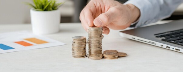 Wall Mural - A hand stacks coins beside a laptop and charts, symbolizing finance, investment, and business growth.