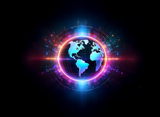 Wall Mural - A vibrant, glowing Earth encircled by neon energy pulses and digital particles, symbolizing global connectivity and technological advancement.