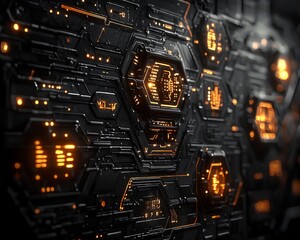 Poster - Futuristic orange and black tech interface.