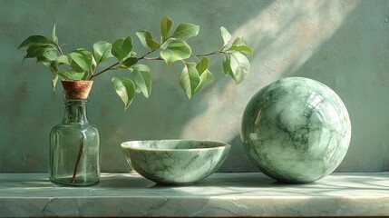 Wall Mural - Green marble bowl, sphere, and glass bottle with branch.