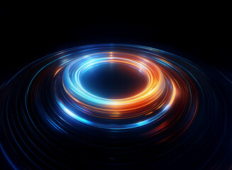 Wall Mural - abstract image of glowing concentric circles, blue and orange hues, emanating light, dark background
