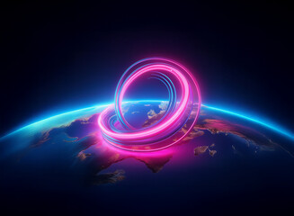 Wall Mural - glowing pink and blue rings orbit a vibrant earth, suggesting global connection and technological ad