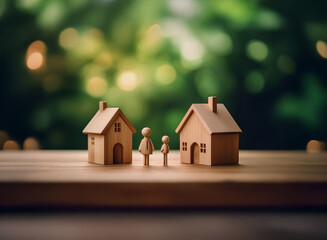 Wall Mural - Wooden figurines of a family stand between two miniature houses, set against a blurred green background suggesting nature and new beginnings.  The scene evokes feelings of home, family, and new beginn