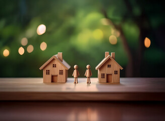 Wall Mural - Two miniature wooden houses flank a pair of small wooden figures, set against a softly blurred green background with bokeh lights.  The scene suggests partnership and homeownership.