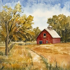 Wall Mural - Red Barn in the Golden Countryside: A Serene Watercolor Landscape