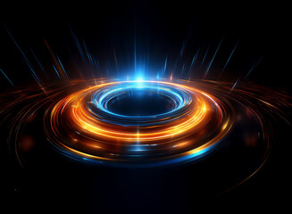 Wall Mural - abstract digital art depicting glowing concentric circles in blue and orange hues. the central point