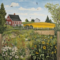 Wall Mural - Sunflowers, Farmhouse, and Countryside Landscape