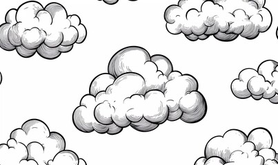 Clouds, a hand-drawn vector illustration on a white background, in a doodle style with simple line art and a flat design. This clipart is in a black-and-white comic style