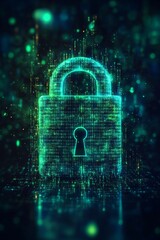 Poster - Futuristic Holographic Lock with Streaming Binary Code on Dark Background