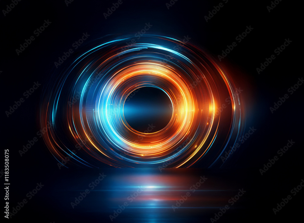 Intense, swirling rings of vibrant orange and blue light illuminate a ...