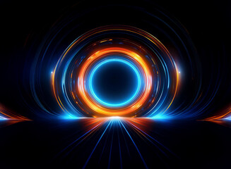 Abstract digital art depicting glowing concentric circles in blue and orange hues.  The rings create a futuristic, energy-filled portal effect on a dark background with light streaks converging toward