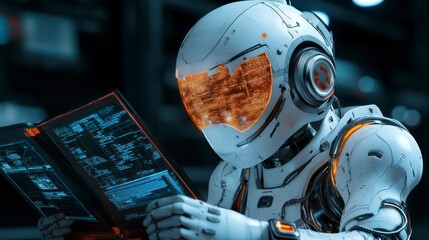 Futuristic Robot Examining Digital Data on Advanced Tablet Device
