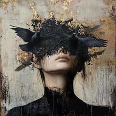 Wall Mural - Obscured Beauty: A Surreal Portrait of a Woman and Birds