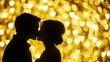 © yana_vinnikova - Couple sharing a kiss in front of a golden heart-shaped bokeh background during a romantic evening event. Perfect for Valentine's Day