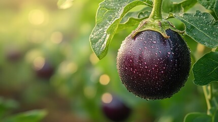 Wall Mural - Close-up of a ripe eggplant with water droplets on its skin, growing on a plant in a garden.