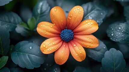 Wall Mural - Close-up of a vibrant orange flower with dew drops, surrounded by dark green leaves.