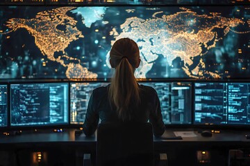 a woman sitting in front of multiple computer monitors displaying world map and code, showcasing the
