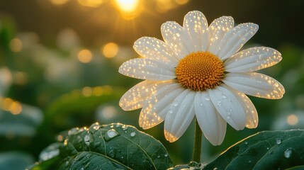 Wall Mural - Dew-kissed daisy at sunrise.