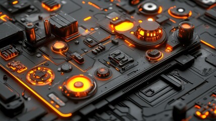Wall Mural - abstract futuristic circuit board with glowing orange components