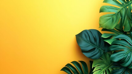 Green monstera leaves on a vibrant yellow background