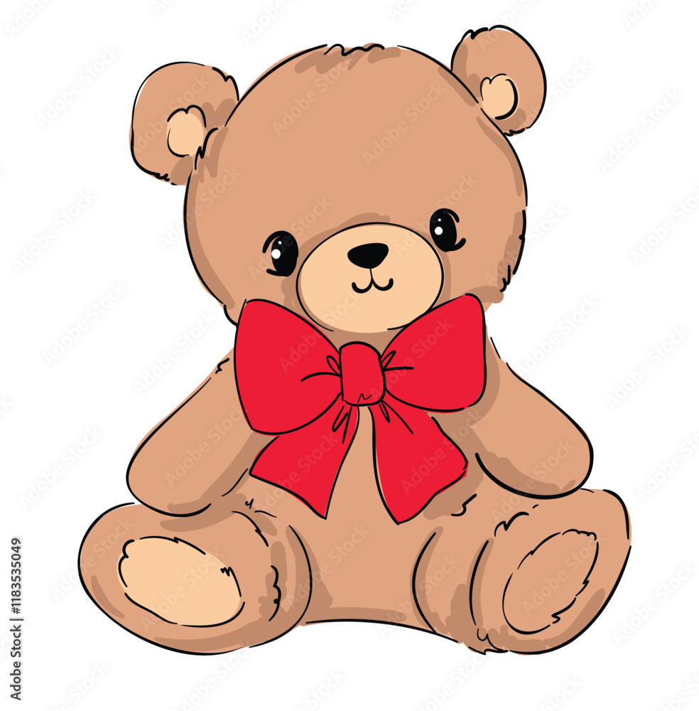 teddy bear and red bow vector hand drawn illustration cute print design ...
