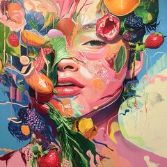 Wall Mural - Vibrant Colorful Fruit Portrait of a Woman